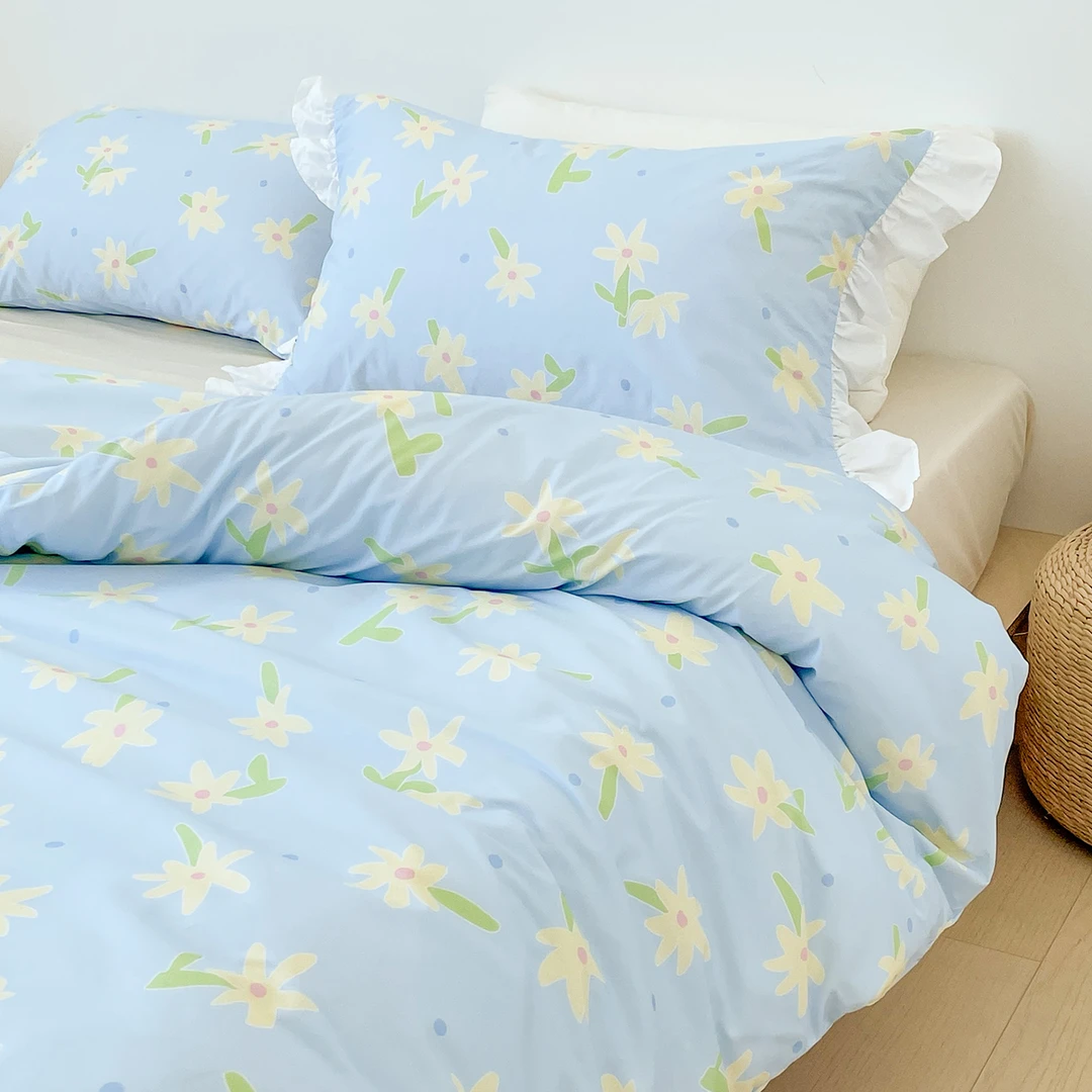 小岛阳光 小众原创四件套100全棉床单床笠纯棉三件套海盐蓝太阳花