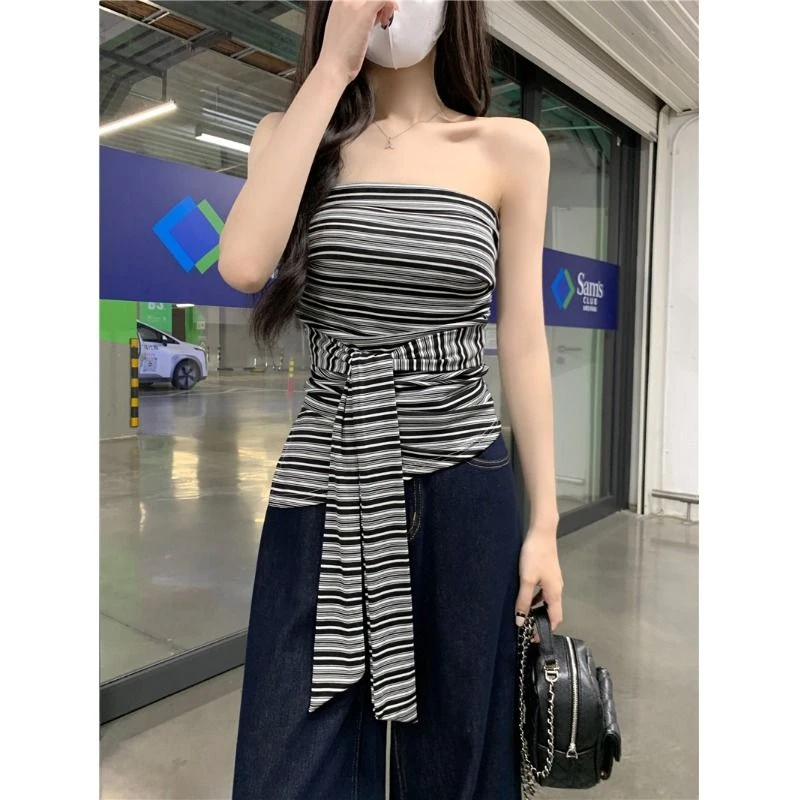 复古撞色条纹露背抹胸背心女夏季绑带修身无袖外穿设计感辣妹上衣