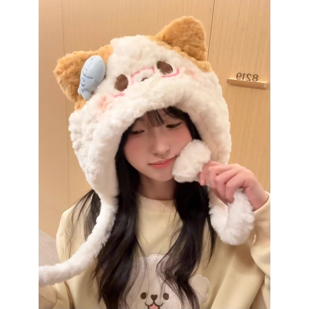 可爱奶油眼镜小猫毛绒帽子女呆萌显脸小秋冬防寒加厚保暖帽骑行帽
