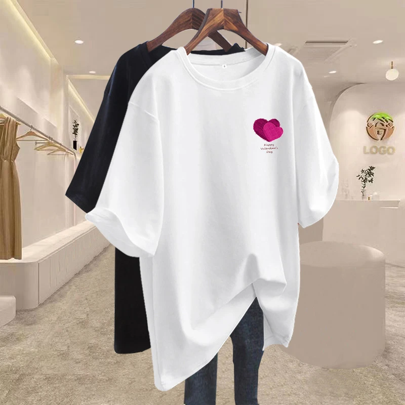 爱心印花T恤女短袖宽松2025新款夏季中长款纯棉欧货大版上衣潮ins