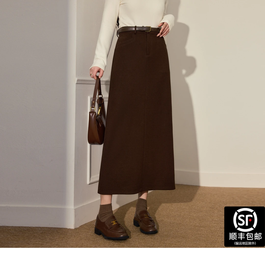 蓝语大码女装时髦咖色百搭长款半身裙冬季新款高腰显瘦遮肚a字裙