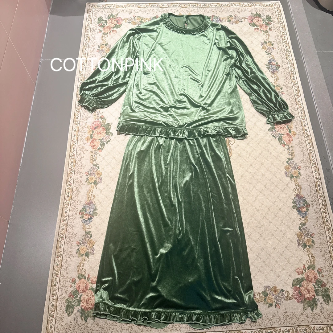 COTTONPINK女装小众设计师款丝绒花边文艺中古上衣裤子