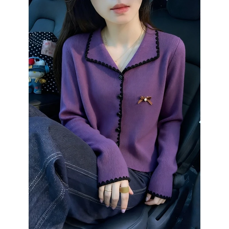 韩里韩气紫色撞色边翻领针织开衫女2025冬季新款气质时髦百搭上衣
