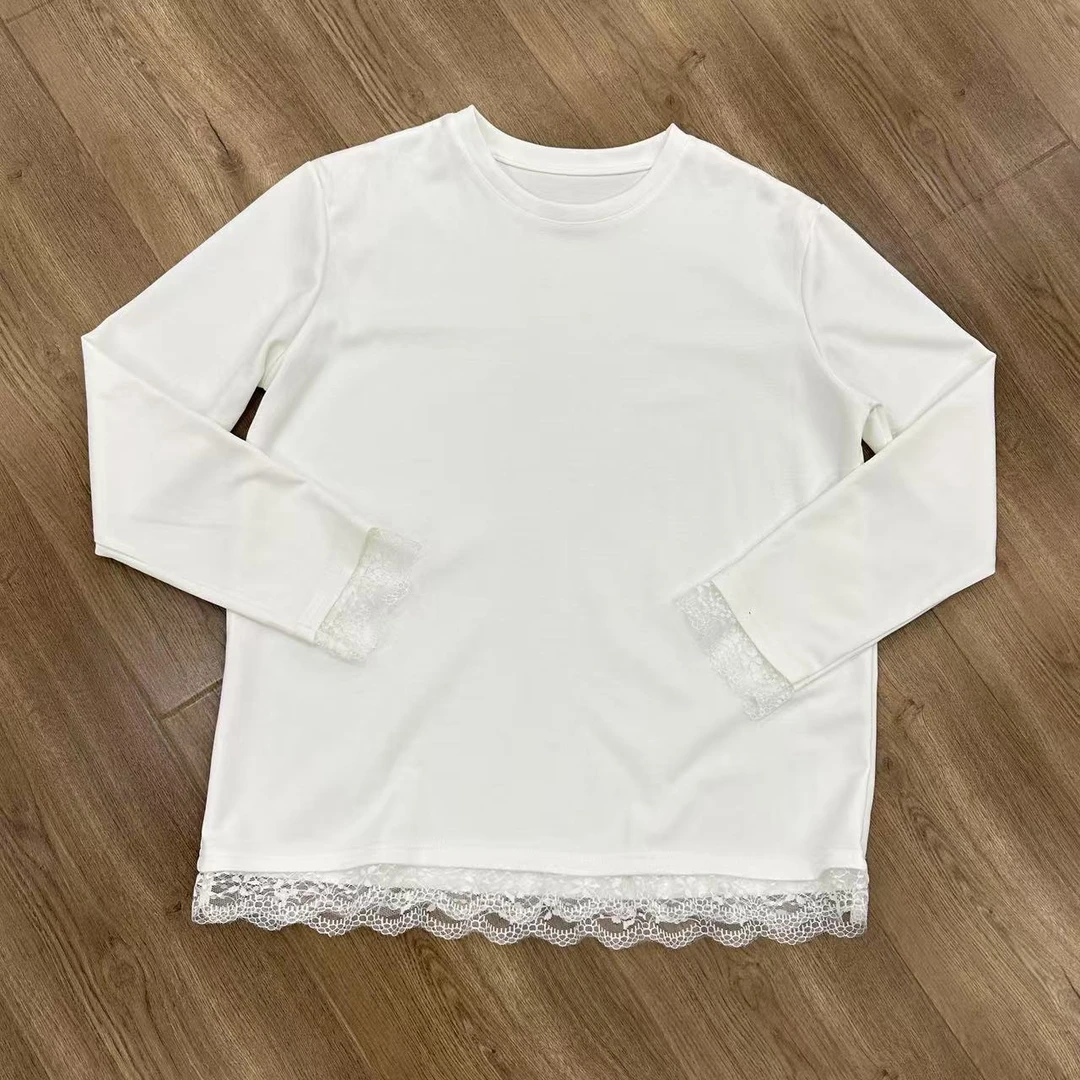 【叶子服饰】新款叶姐气质百搭蕾丝边白T圆领长袖25047