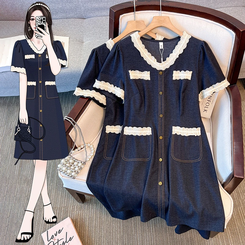 【小曹大码】夏季新款时尚减龄花边拼接仿牛仔显瘦连衣裙-YMJ80559