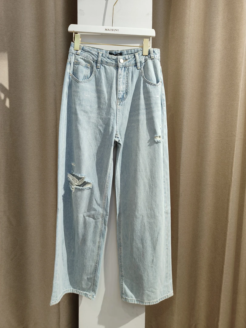 麦寻专柜牛仔裤高腰破洞宽松直筒阔腿裤复古浅色百搭潮流设计