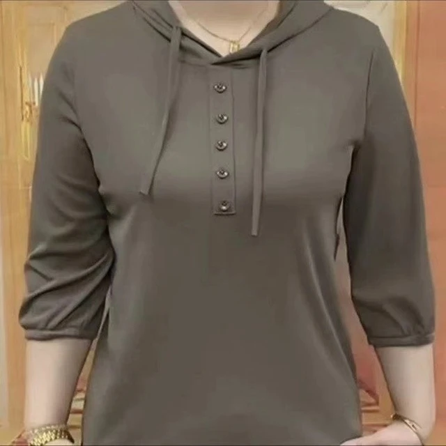 洋气妈妈弹力小衫衣女士T恤春秋新款连帽七分袖宽松百搭休闲打底