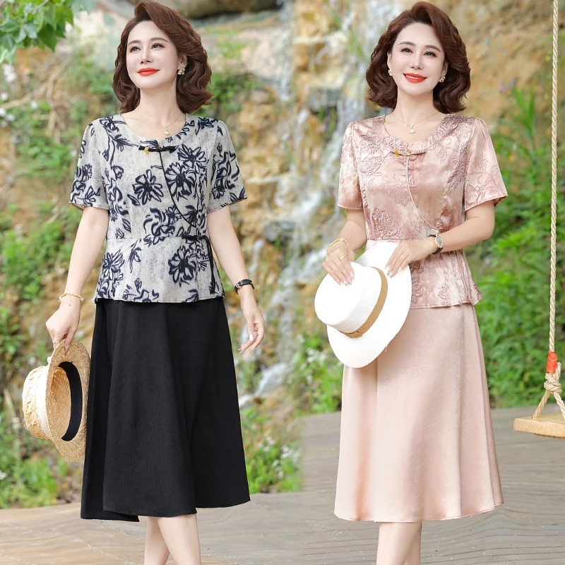 妈妈夏装雪纺连衣裙时尚减龄中老年女装短袖花色裙子遮肚显瘦长裙