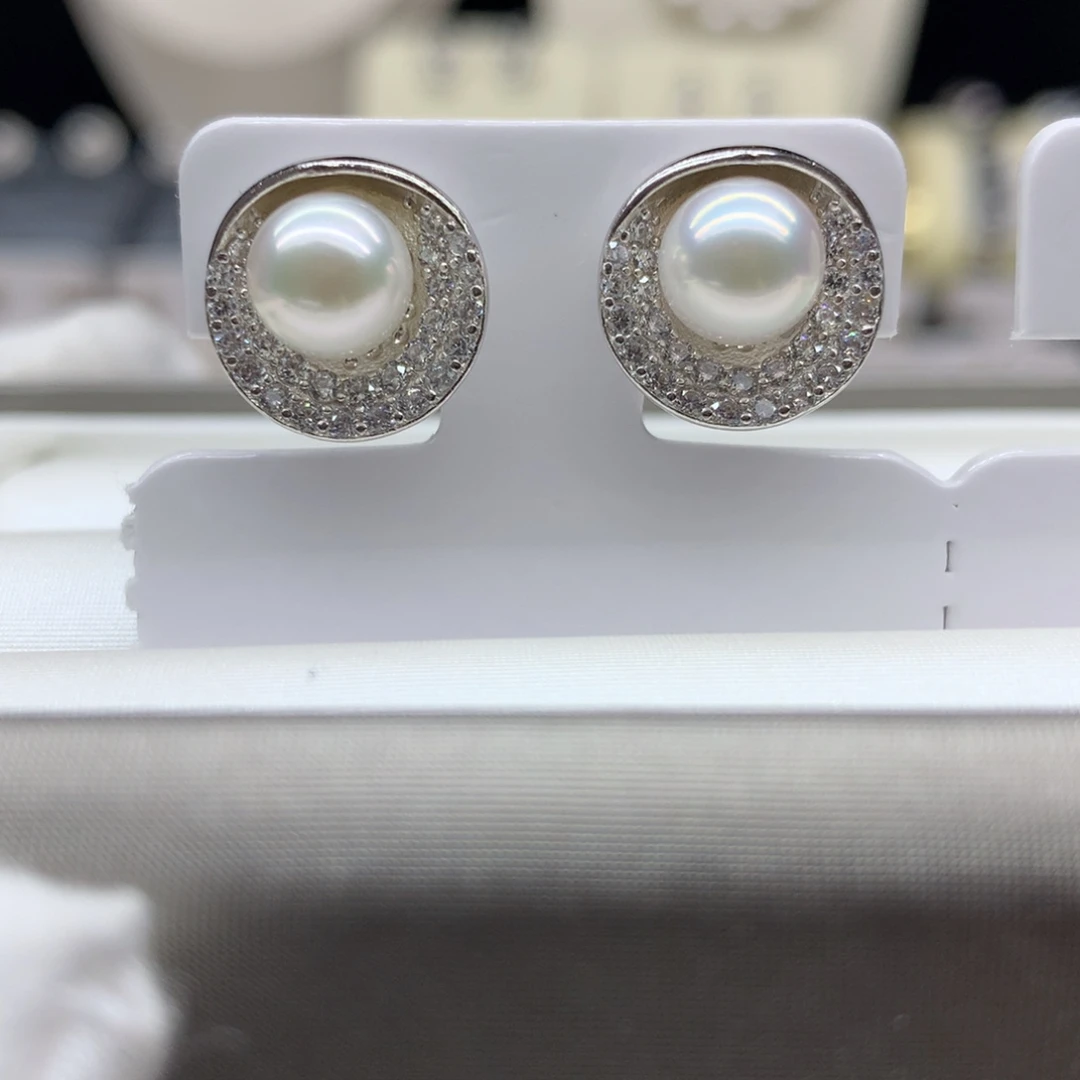 耳饰银S925镶嵌海水珍珠7-7.5mm海水珍珠耳钉