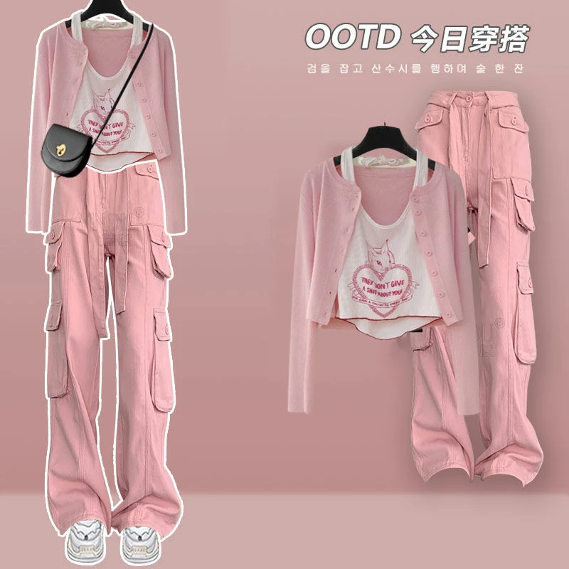夏季温柔系穿搭女2023新款韩版辣妹背心百搭开衫时尚工装裤三件套