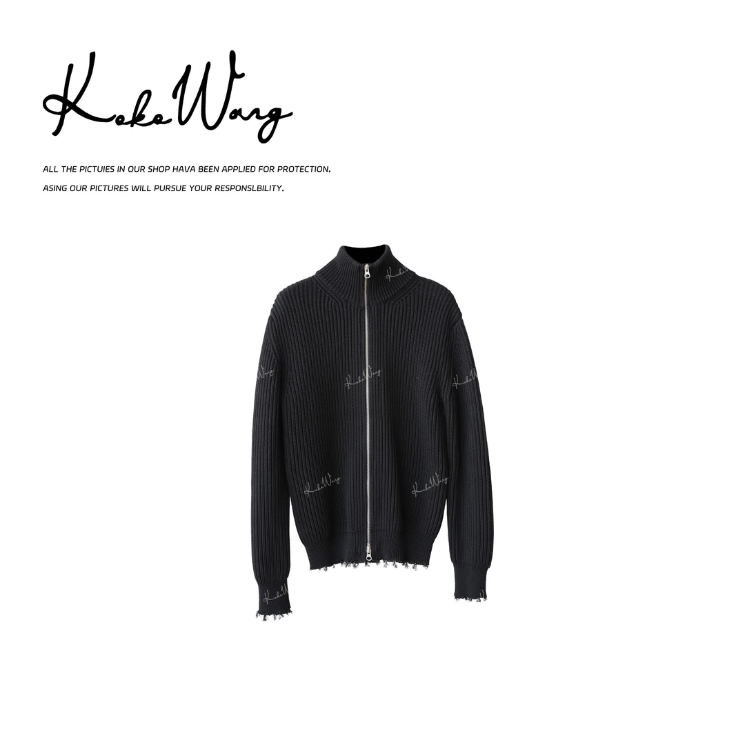 KOKO WANG新款100长绒棉简约竖坑条立领拉链针织开衫 X6515H03W21