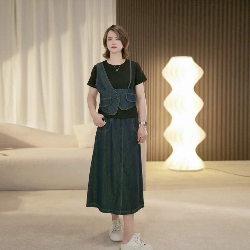 时尚高级感牛仔拼接两件套2025夏季洋气女装松弛感套装