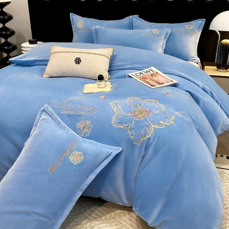 【花香天蓝】冬季加厚牛奶绒床上四件套双面绒法兰绒珊瑚绒被套床单