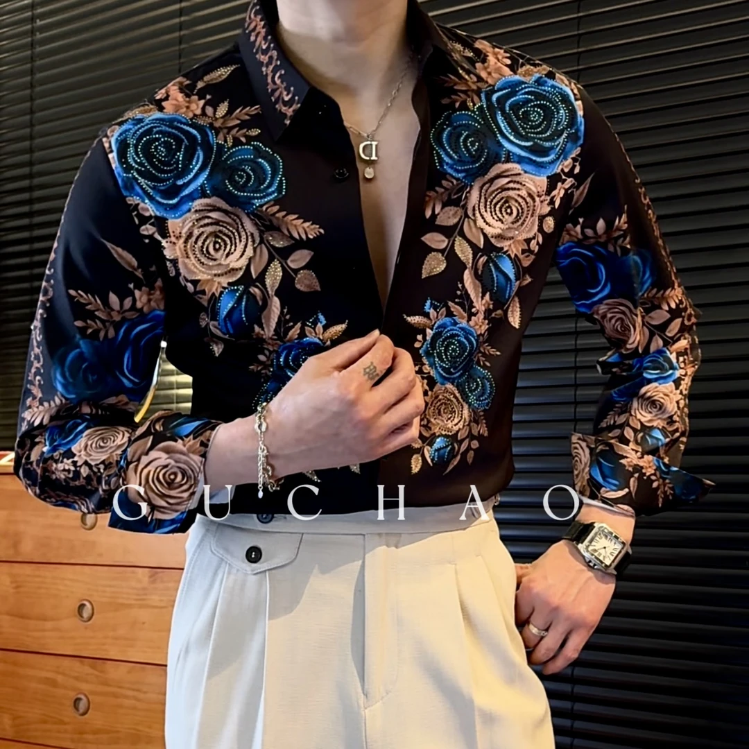 【Gc-古潮】--春夏-欧版澳钻印花时尚潮流修身长袖衬衫-衬衣