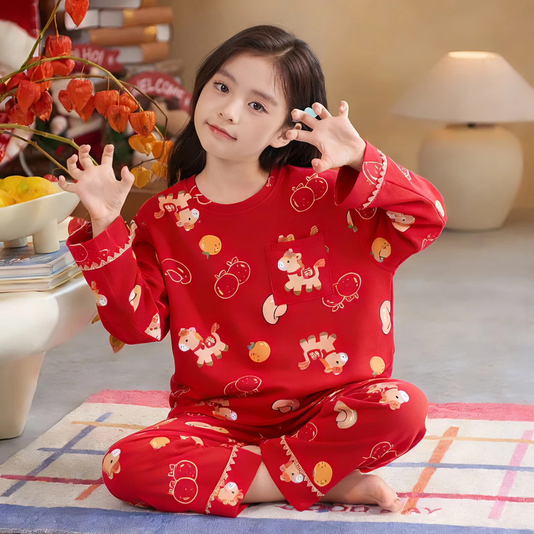 红色儿童睡衣春秋女童纯棉长袖新年中大童小女孩本命年公主家居服