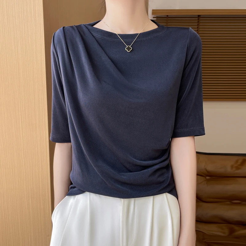 哥弟阿玛施正品一字领褶皱高级垂感短袖上衣醋酸气质T恤女薄款夏