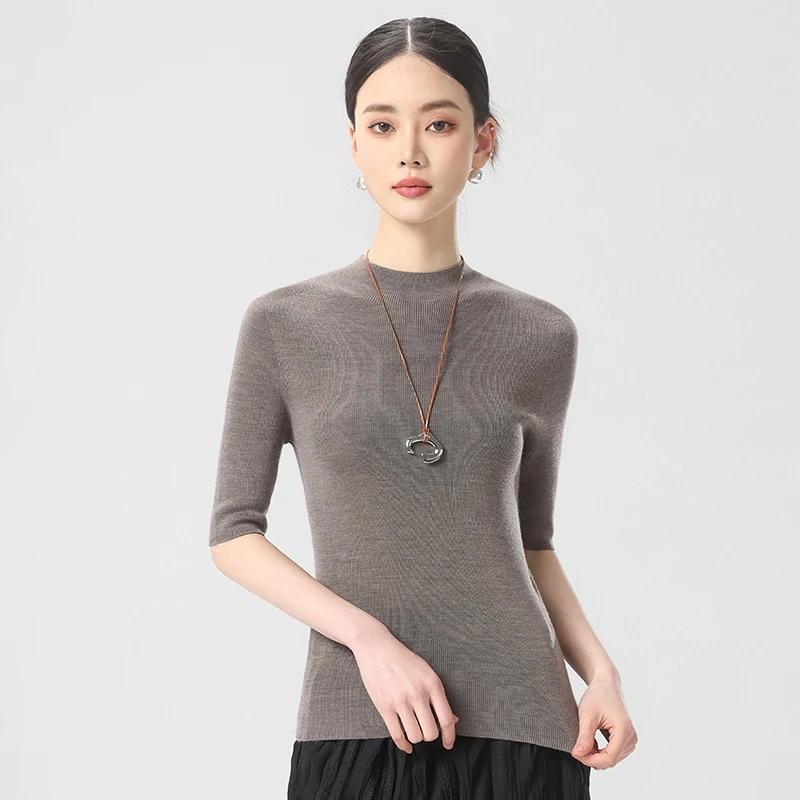 2025X新款女士一线成衣半高领五分袖纯毛精纺新奥60支细纱羊毛衫