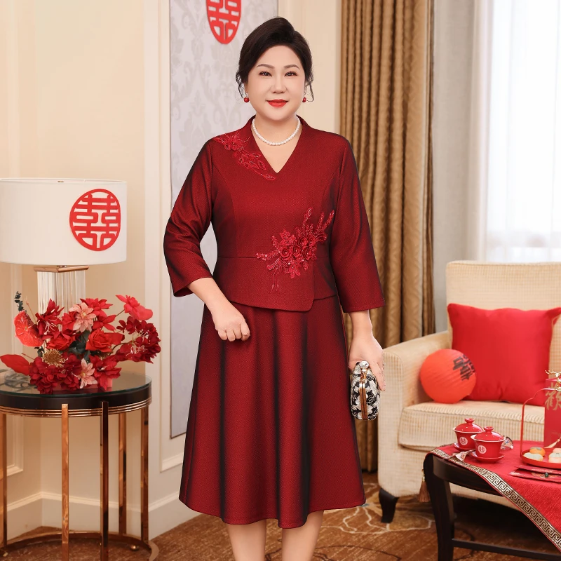 中老年女装长裙胖妈妈婚礼服结婚高贵连衣裙洋气订婚裙子WH25589