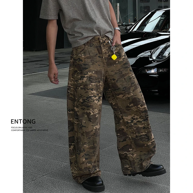 Entong美式街头复古宽松阔腿迷彩休闲裤男生潮流做旧直筒vibe裤子