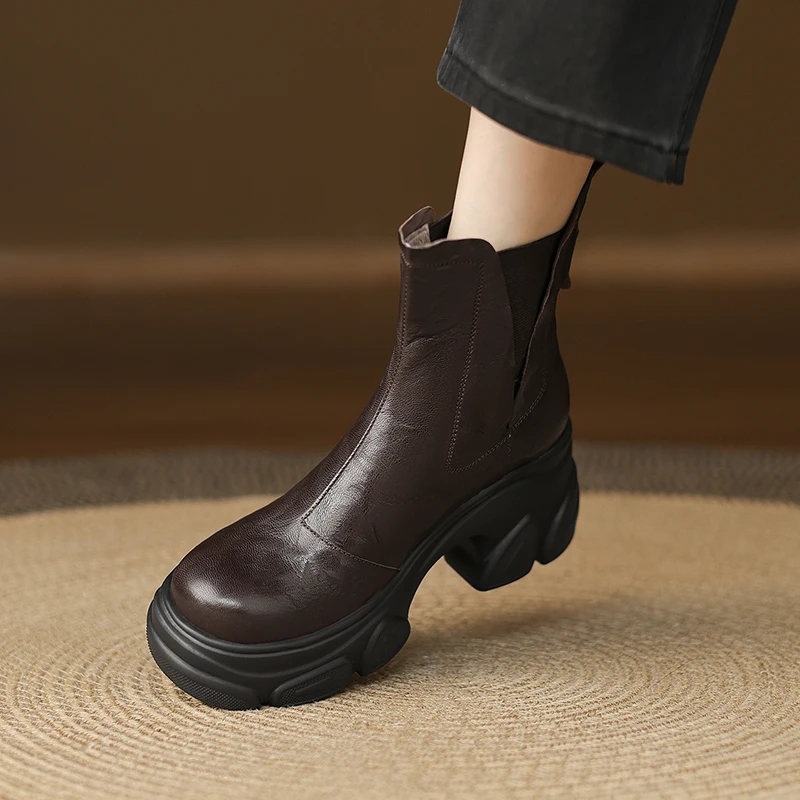 7.5cm秋冬靴子厚底粗跟短靴复古瘦瘦靴英伦风羊皮女靴切尔西靴