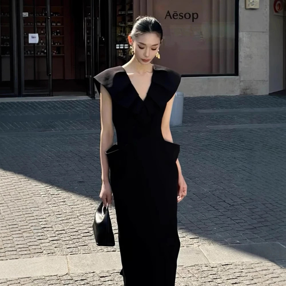 【汐宝女装】现货气场强大高端精致气质名媛法式赫本风黑色领收腰连