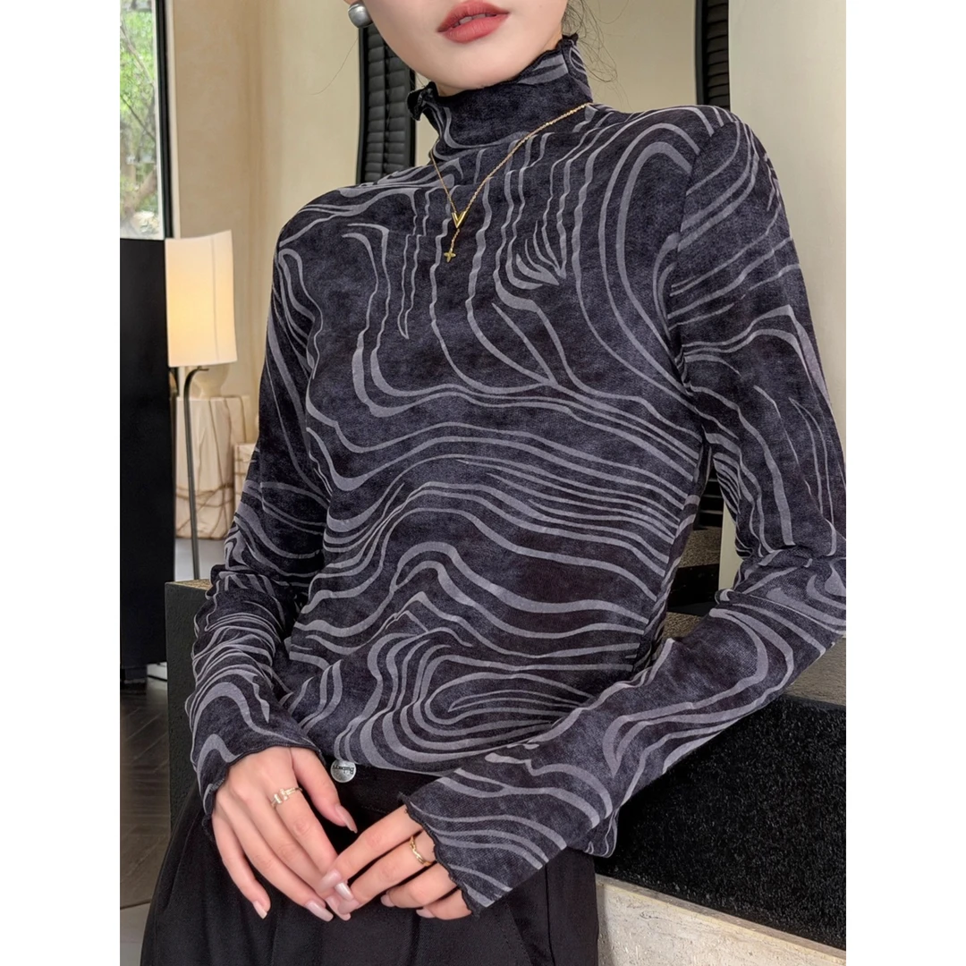 女士打底衫秋冬印花长袖t恤修身半高领晕染内搭上衣洋气2025新款