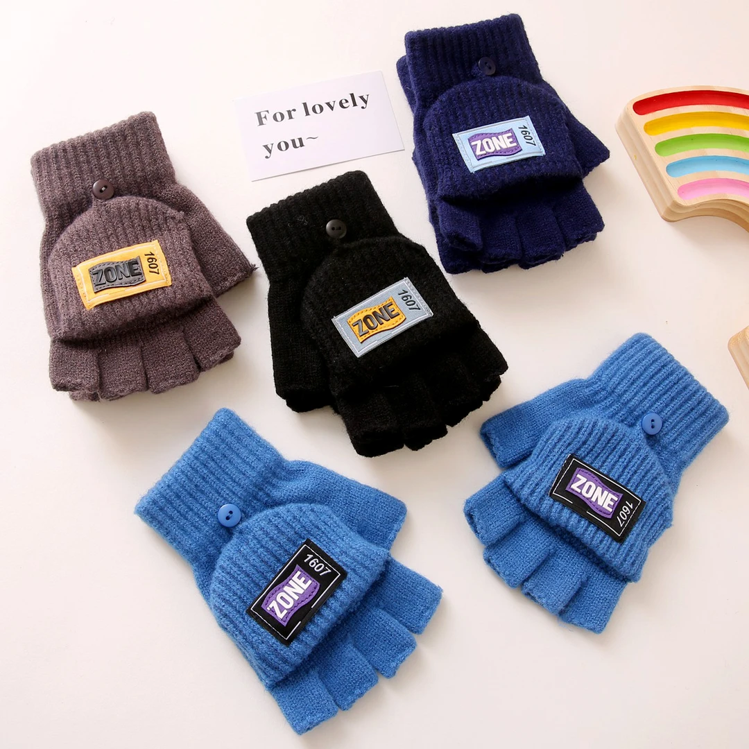 儿童手套男童冬保暖半指翻盖露五指半截中大童小孩写字做作业毛线