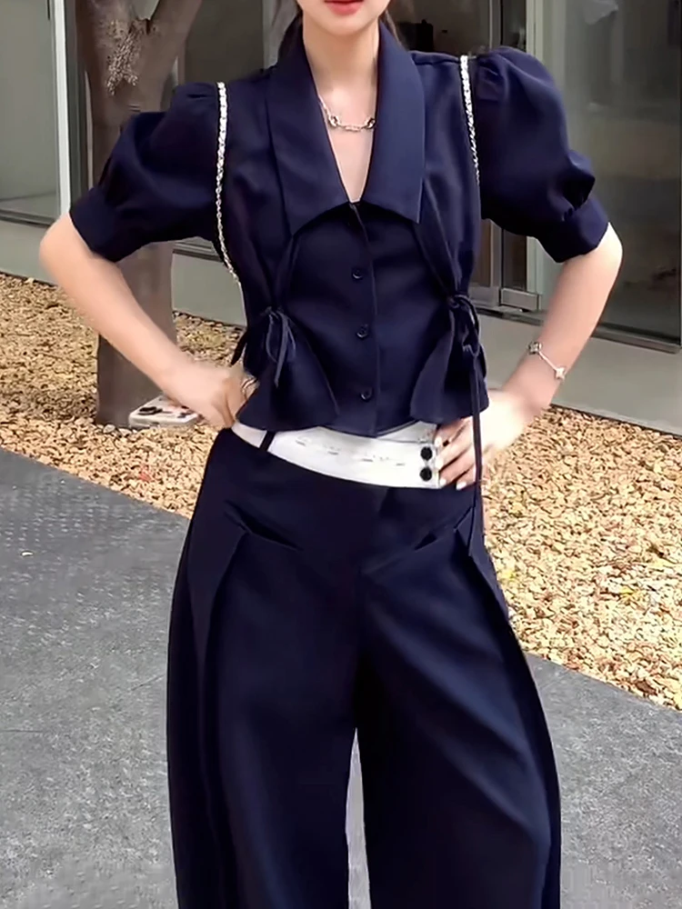 高级感别致短款翻领泡泡袖上衣+高腰翻边阔腿裤套装2025夏季新款