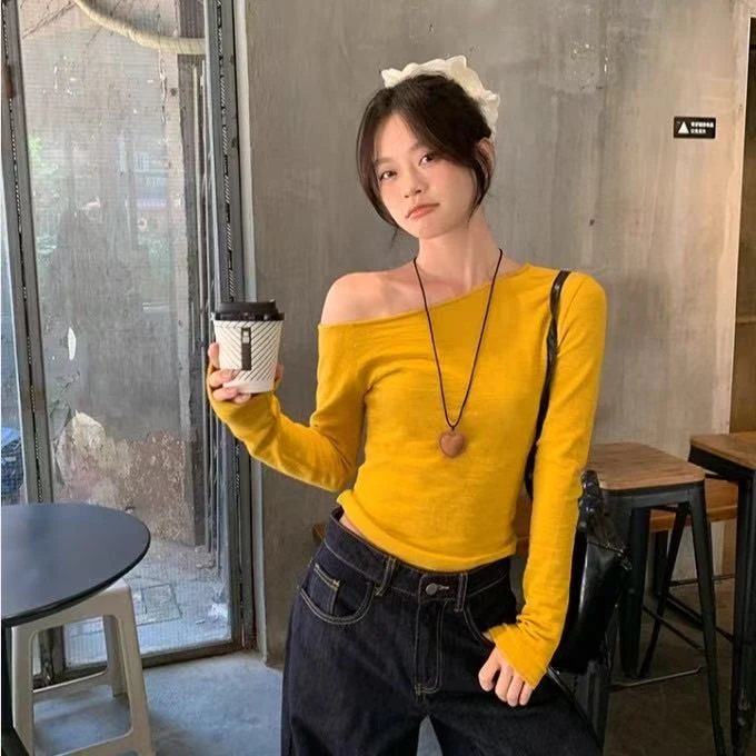 黄色斜肩洋气长袖t恤女修身内搭打底衫防晒纯欲孕妇裤夏季薄款
