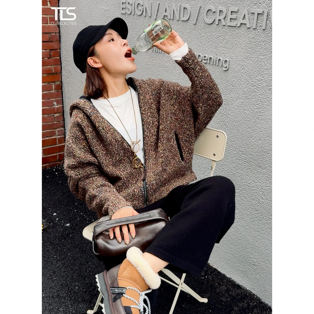 TT【花纱】阿尔巴卡羊驼毛复古高质感连帽特种纱拉链毛呢外套WT5055