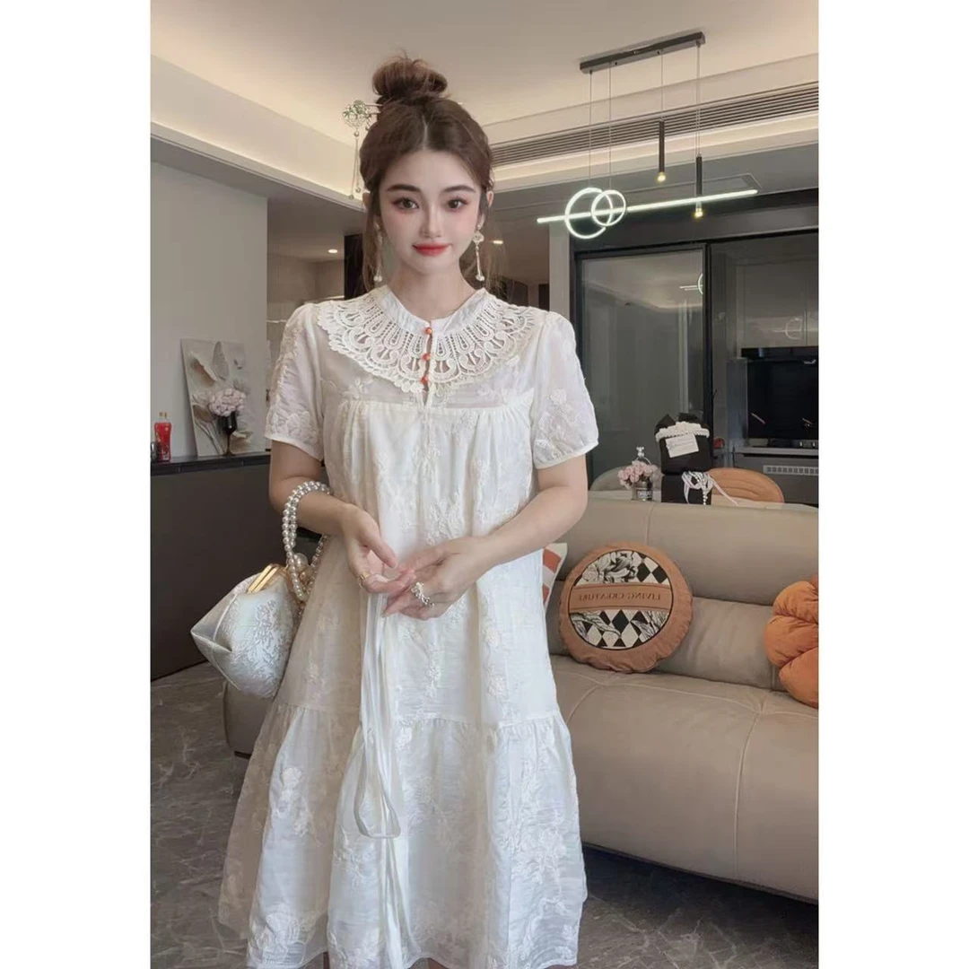 夏季显瘦A字裙法式气质温柔提花蕾丝连衣裙小裙子8133-1