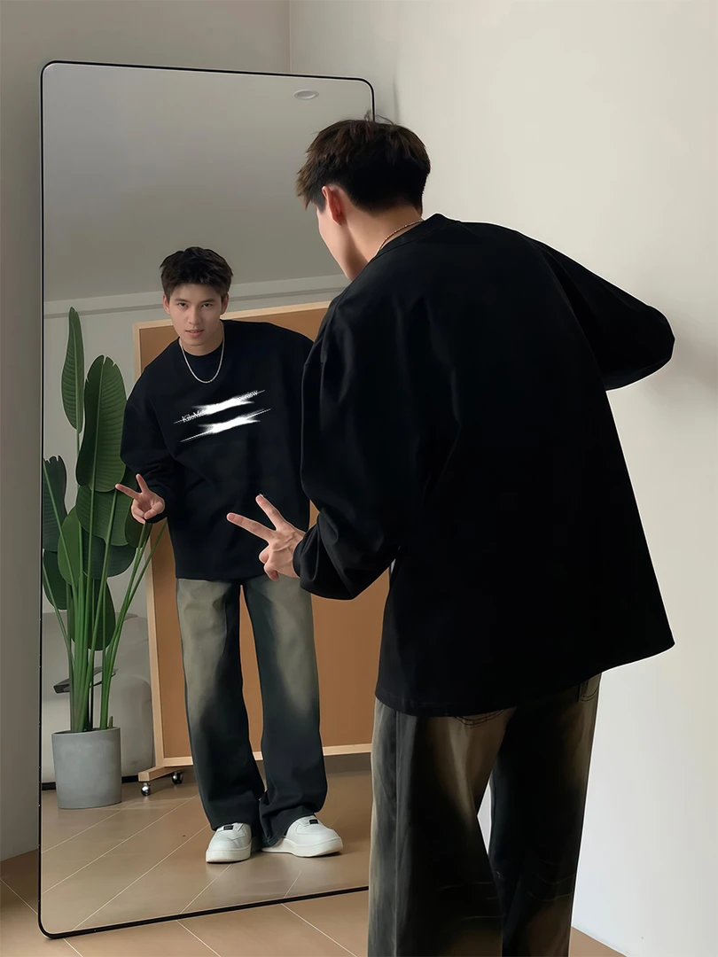 【重磅纯棉】秋冬新款潮流美式休闲复古宽松港风印花圆领男长袖T恤