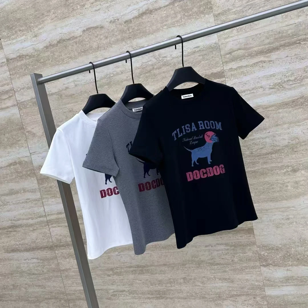 头盔小狗印花卡通显瘦正肩短袖T恤女