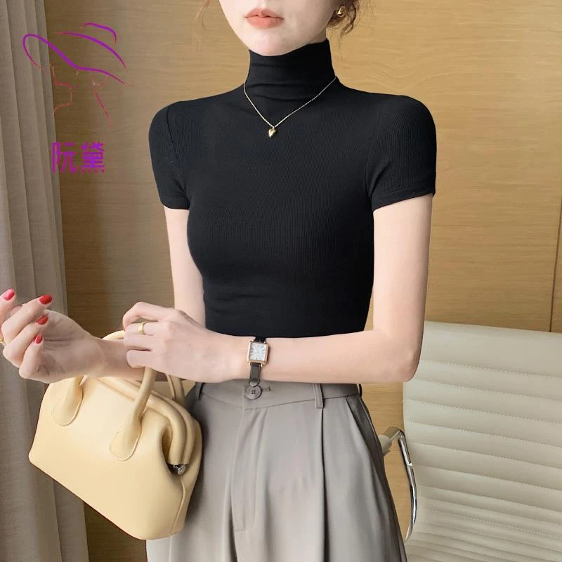 阮黛针织半高领短袖t恤打底衫女内搭夏春秋 2025新款修身半袖上衣