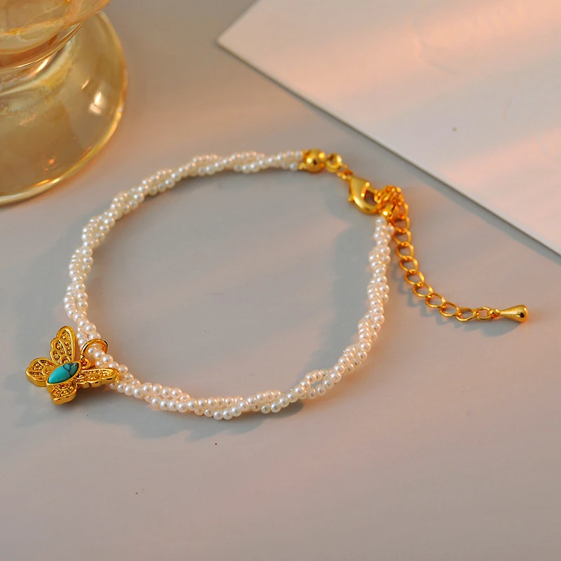 铜合金手链 新中式宫廷风双层珠珠缠绕手链气质电镀小众轻奢蝴蝶