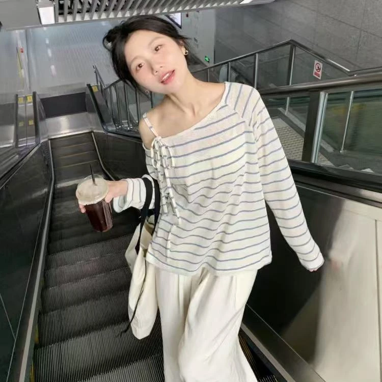 2025夏季大码撞色韩系条纹防晒长袖T恤薄款微透罩衫露肩绑带上衣