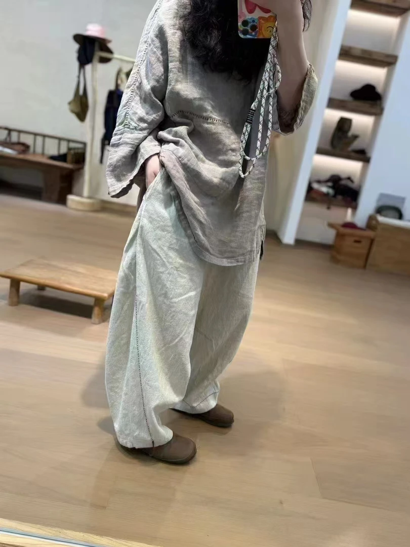 忆古衣牧了然春季新款雨露麻高品质手工抽绳长裤