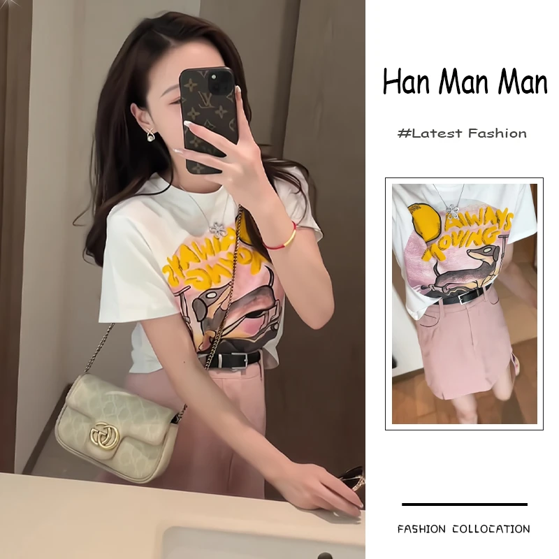 夏季流行穿搭一整套新款2025韩系减龄时尚印花短袖高腰短裙两件套