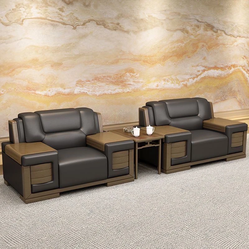 办公室沙发中式商务贵宾洽谈休息区接待室会议皮艺单人位茶几组合