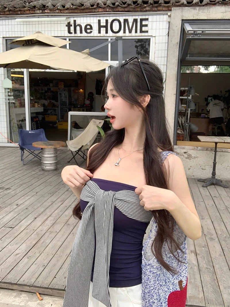 复古条纹绑带拼接设计感抹胸上衣夏季通勤纯欲风显瘦单品