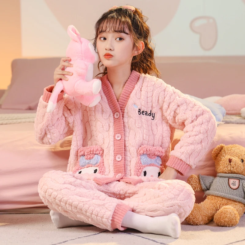 高品质女童睡衣冬季加厚加绒2025中大童女孩新款时尚亲子装家居服