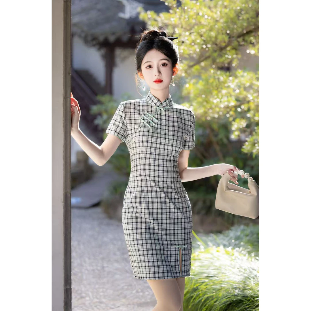 2025新款小个子旗袍女年轻款少女高端复古民国格子改良新中式7135