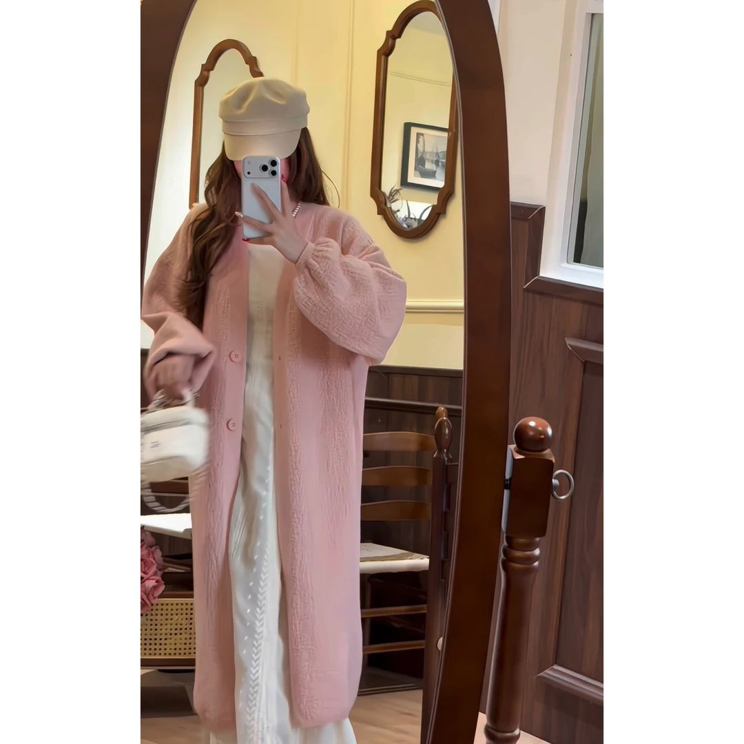 3021秋冬款树皮纹泡泡袖中长款纽扣针织外套毛衣开衫女慵懒风宽松