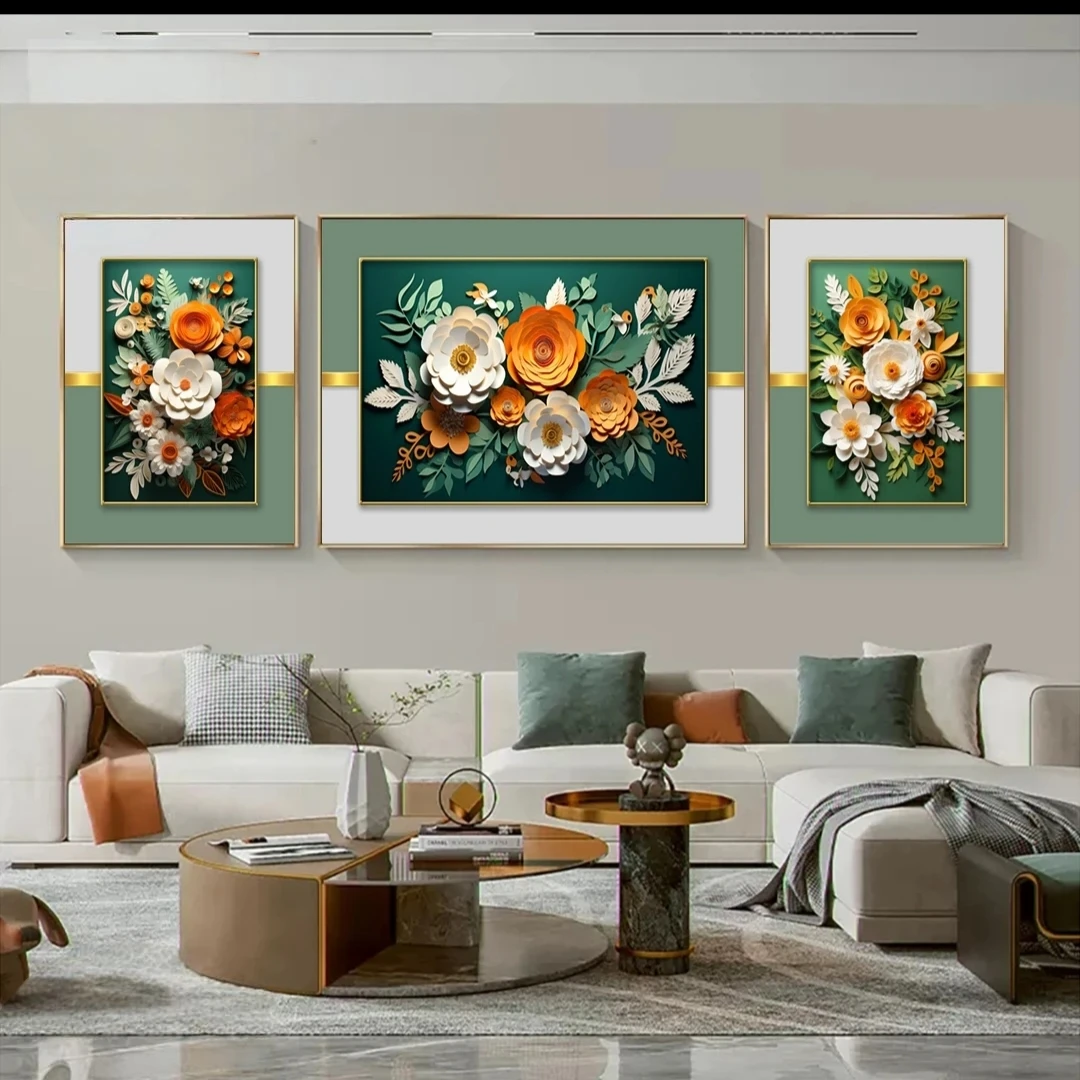 【全疆包邮【轻奢花卉牡丹植物三联画客厅沙发背景墙高档装饰晶瓷画