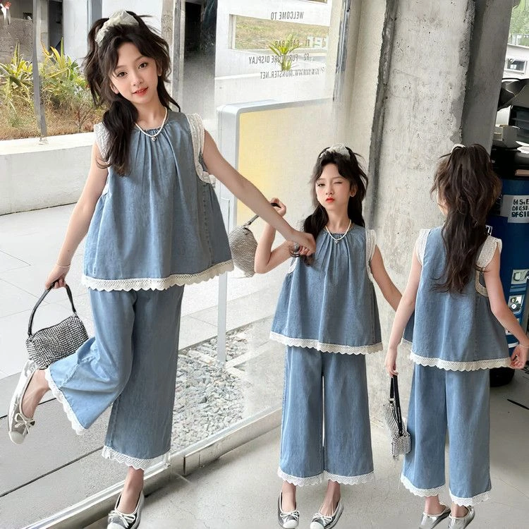 2025新款夏季女童牛仔背心套装阔腿裤女孩无袖两件套薄款洋气童装