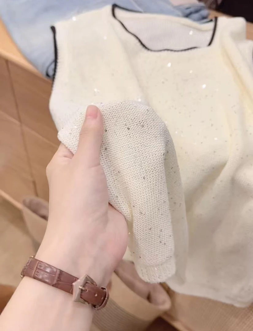 七言家巨美珠片纱~ 小香风亮闪闪奶杏色无袖洋气背心