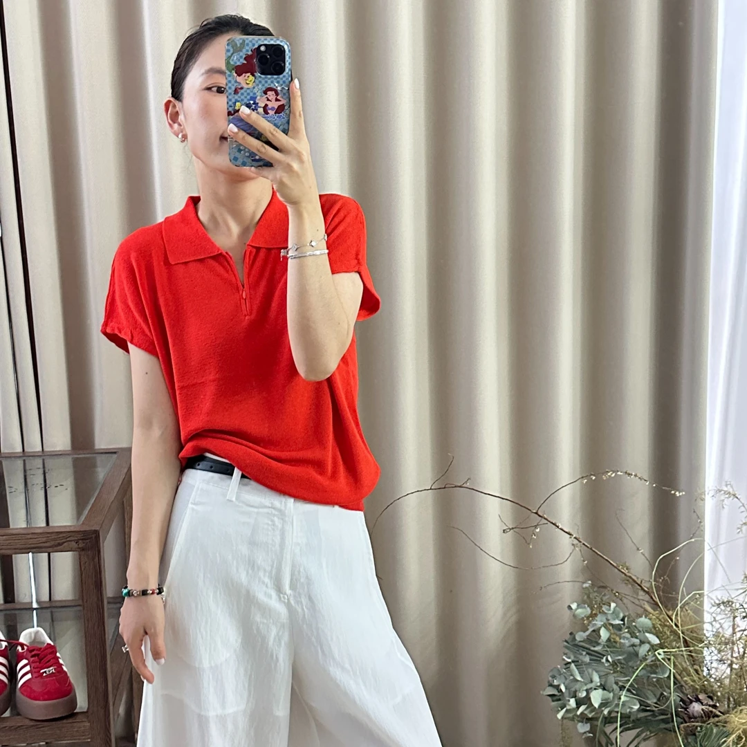 半拉链亚麻上衣女显瘦百搭polo翻领百搭上衣