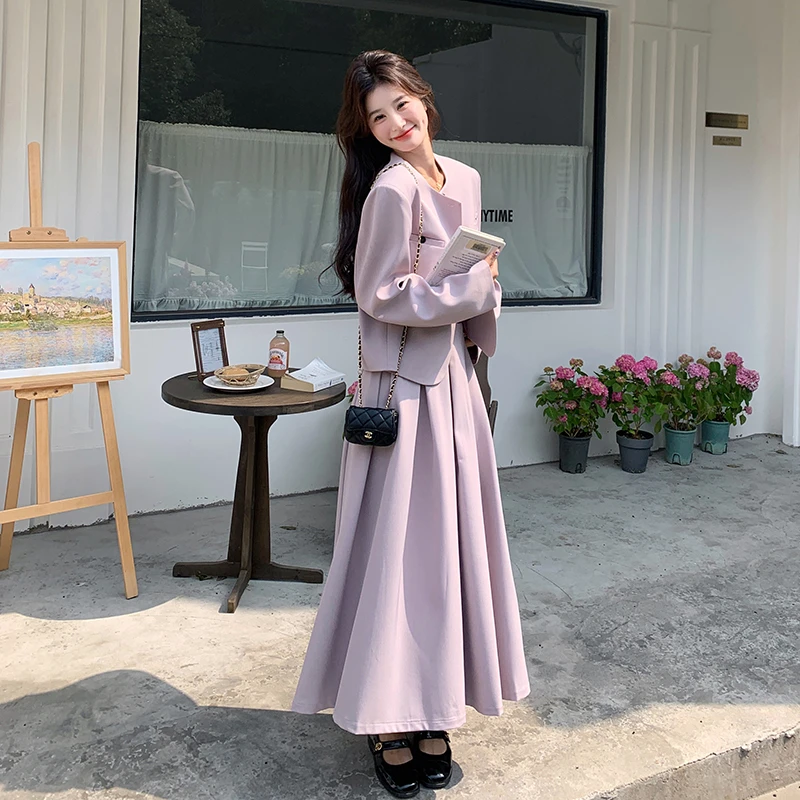韩版收腰小众设计感西装套装裙女秋2025新款紫色西服半身裙两件套