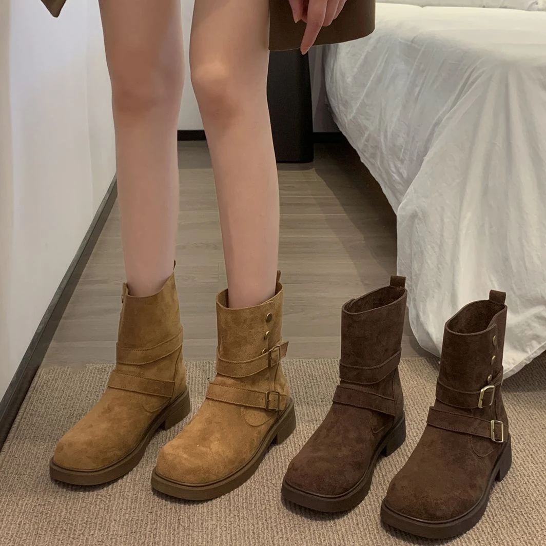 贾不假低跟粗跟短靴女2025新款秋季复古时尚百搭瘦瘦靴小个子洋气