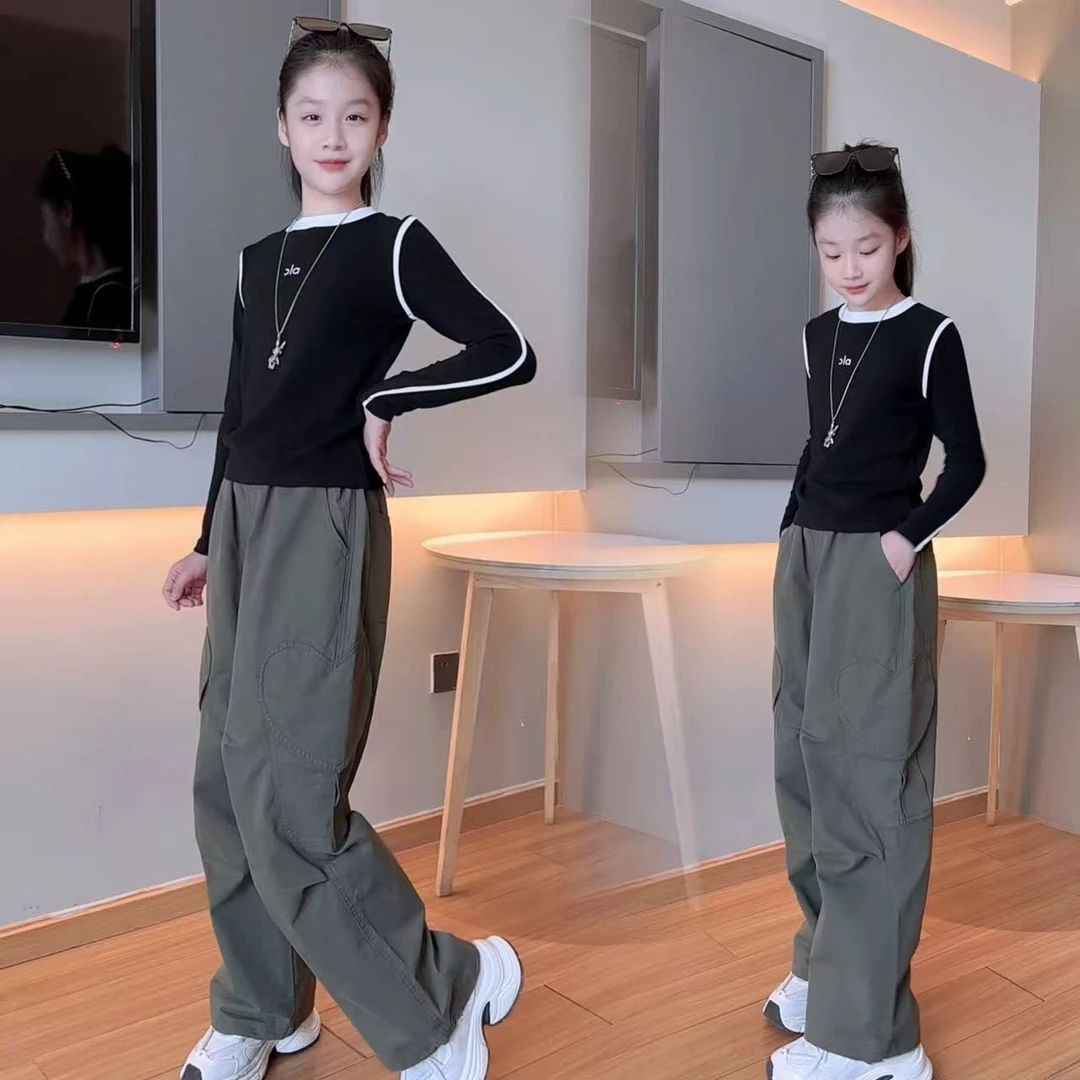 女童秋款爱心口袋棉布工装裤中大童新款2025春秋潮酷学生休闲裤子